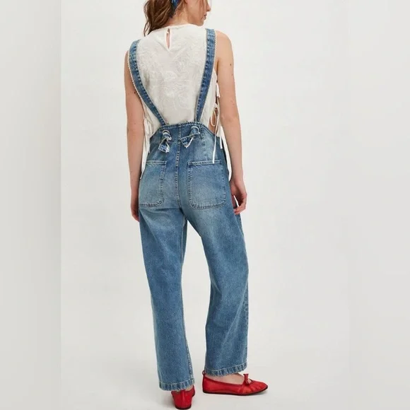 We The Free Blue Denim Overalls with Floral Pocket - Picture 2 of 11